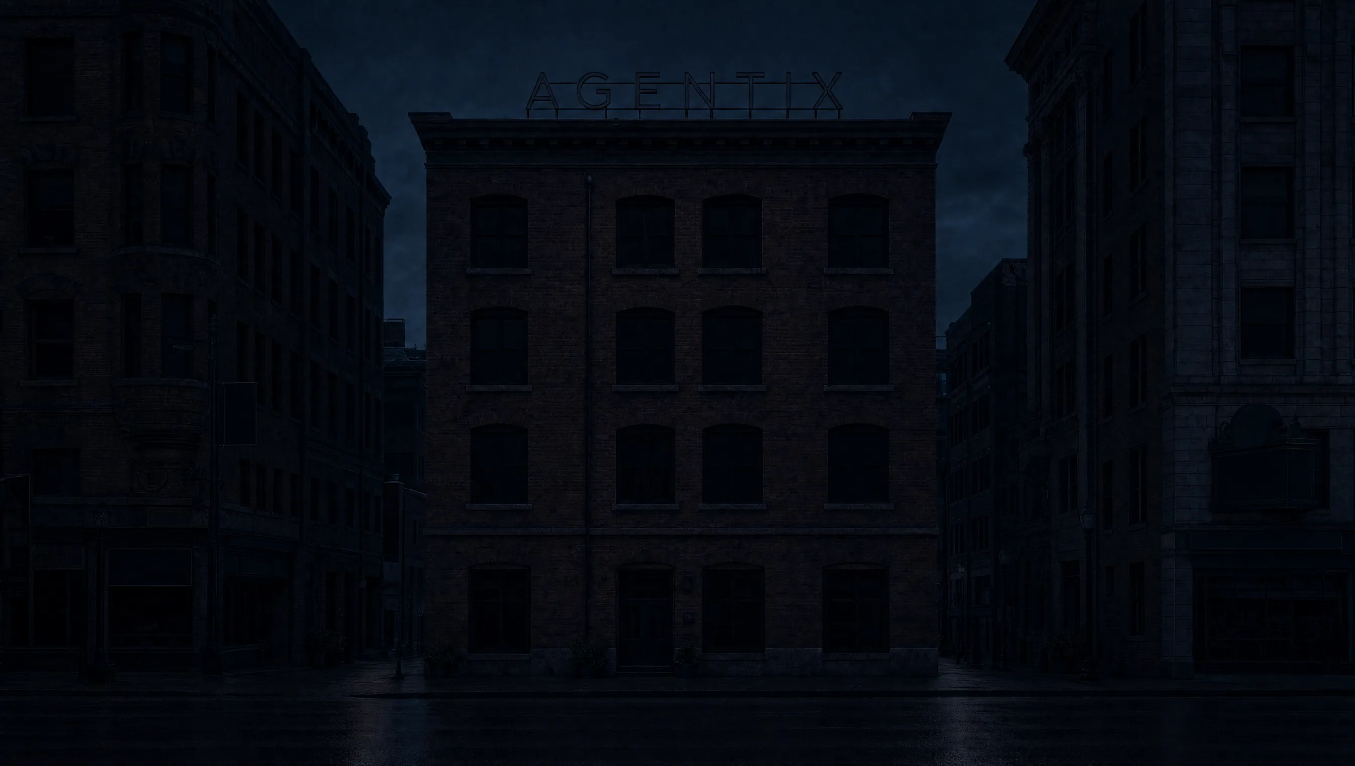 The Agentix Labs building at night, every window dark.
