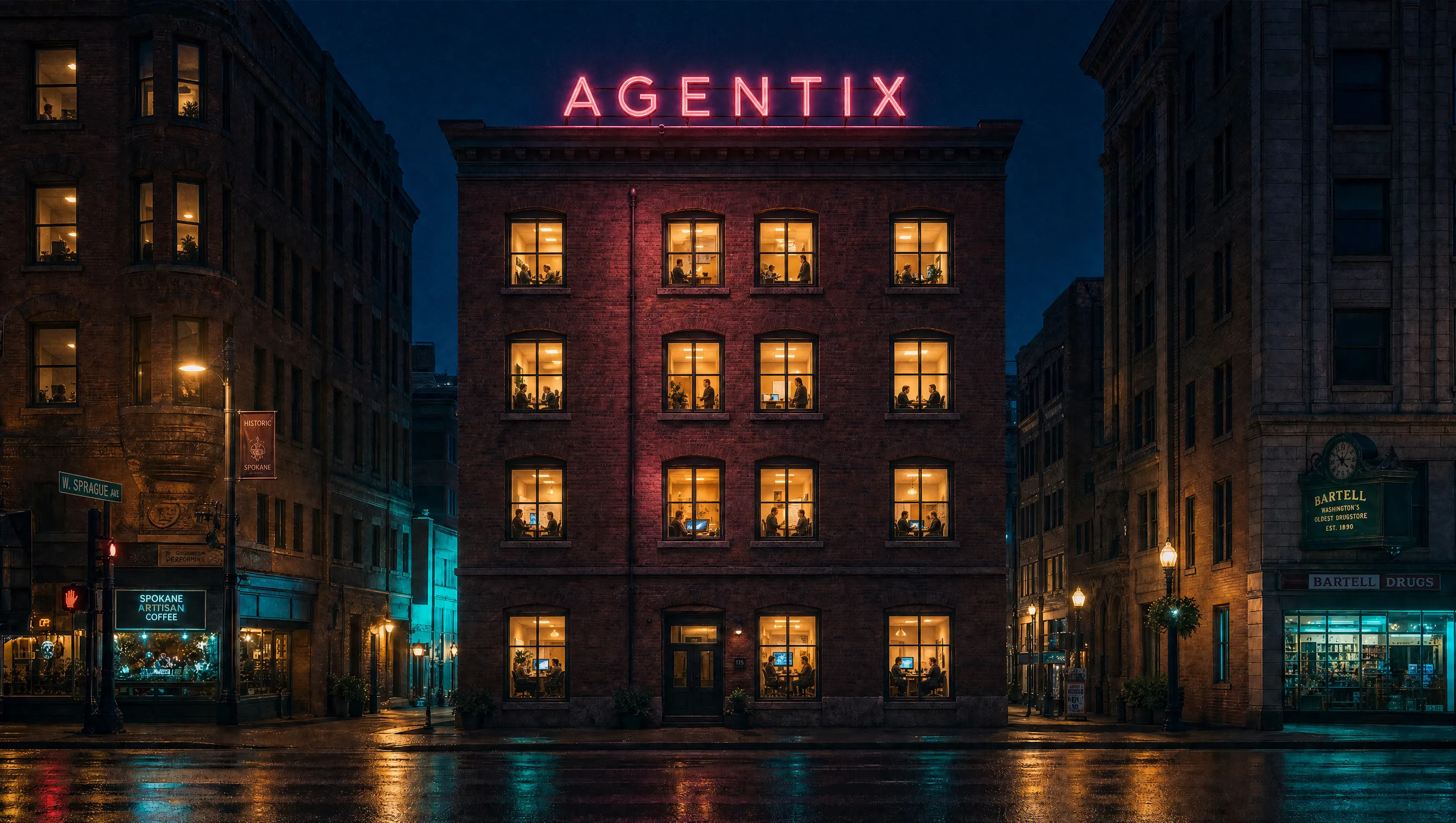 The same building with every window lit and the team working inside.